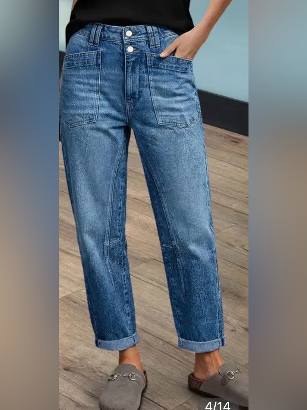 Flamingals Wash Patch Pocket Dual Button Mid Rise Barrel Leg Crop Jeans